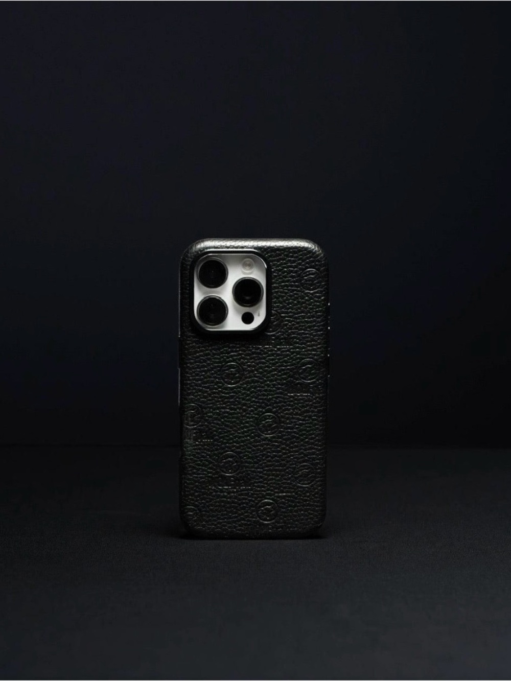 Premium Black Textured Leather Phone Case with Embossed Logo for IPhone 16 Plus